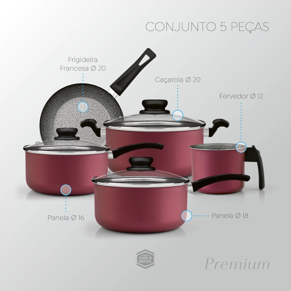 Jogo de Panelas Antiaderente Cereja Premium Stone 5 Peças Panelux