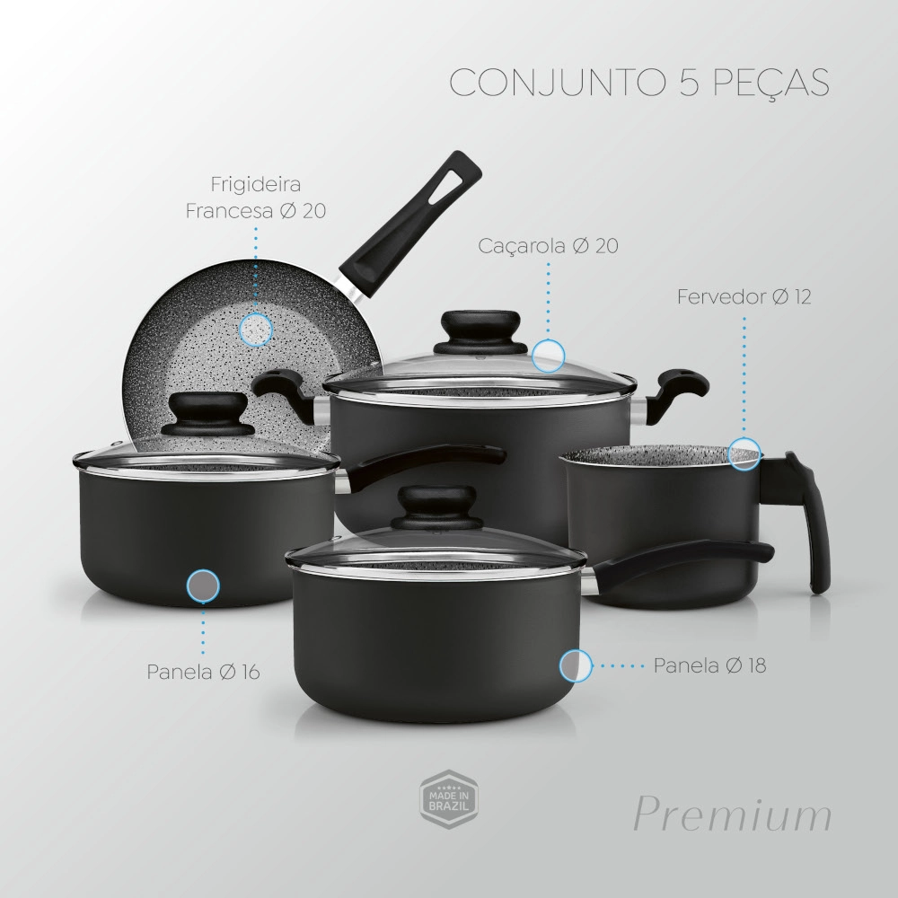 Jogo de Panelas Antiaderente Grafite Premium Stone 5 Peças Panelux