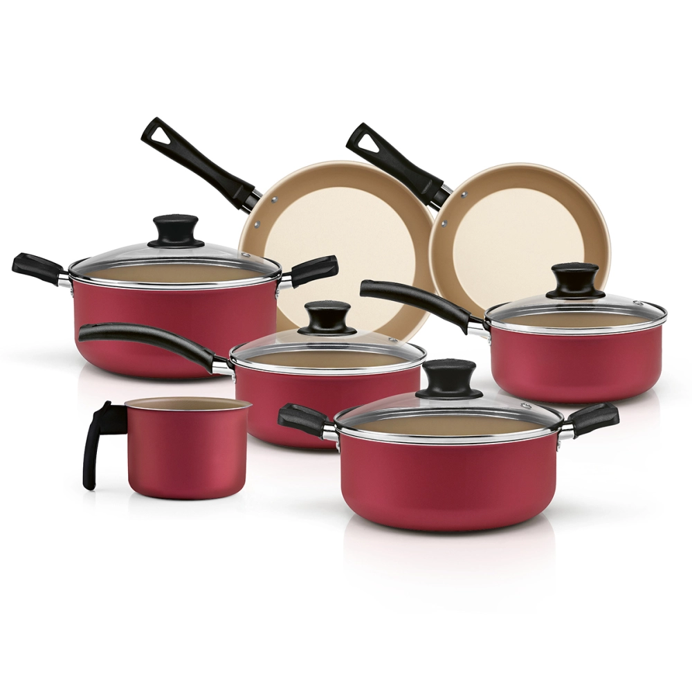 Conjunto Panelas 7 Peças Antiaderente Cereja Interior Bege Conjunto Panelas 7 Peças Antiaderente Cereja Interior Bege
