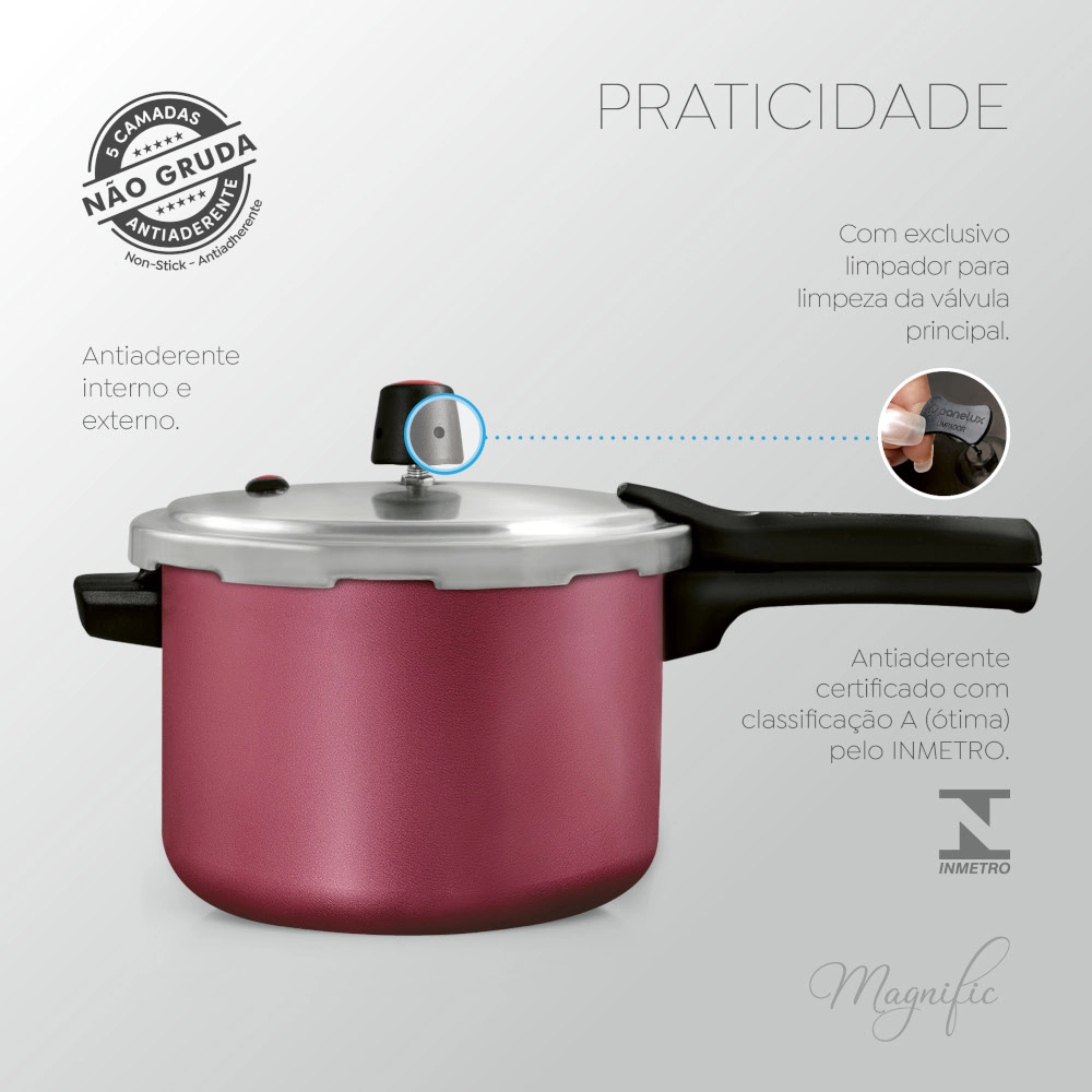 Panela de Pressão Antiaderente Cereja Magnific 4,5 Litros Fechamento Externo Panelux