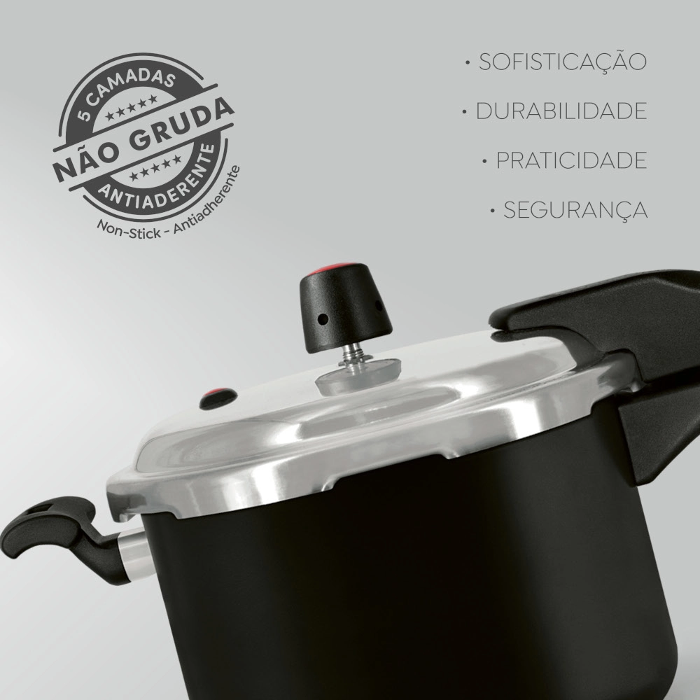 Panela de Pressão Antiaderente Fechamento Externo Preta Premium 4,5 Litros Panelux