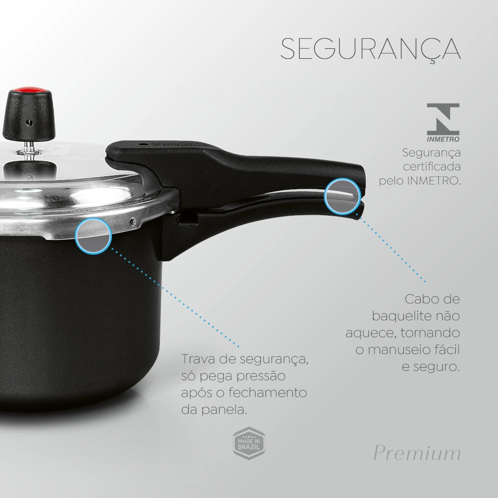 Panela de Pressão Antiaderente Fechamento Externo Preta Premium 4,5 Litros Panelux