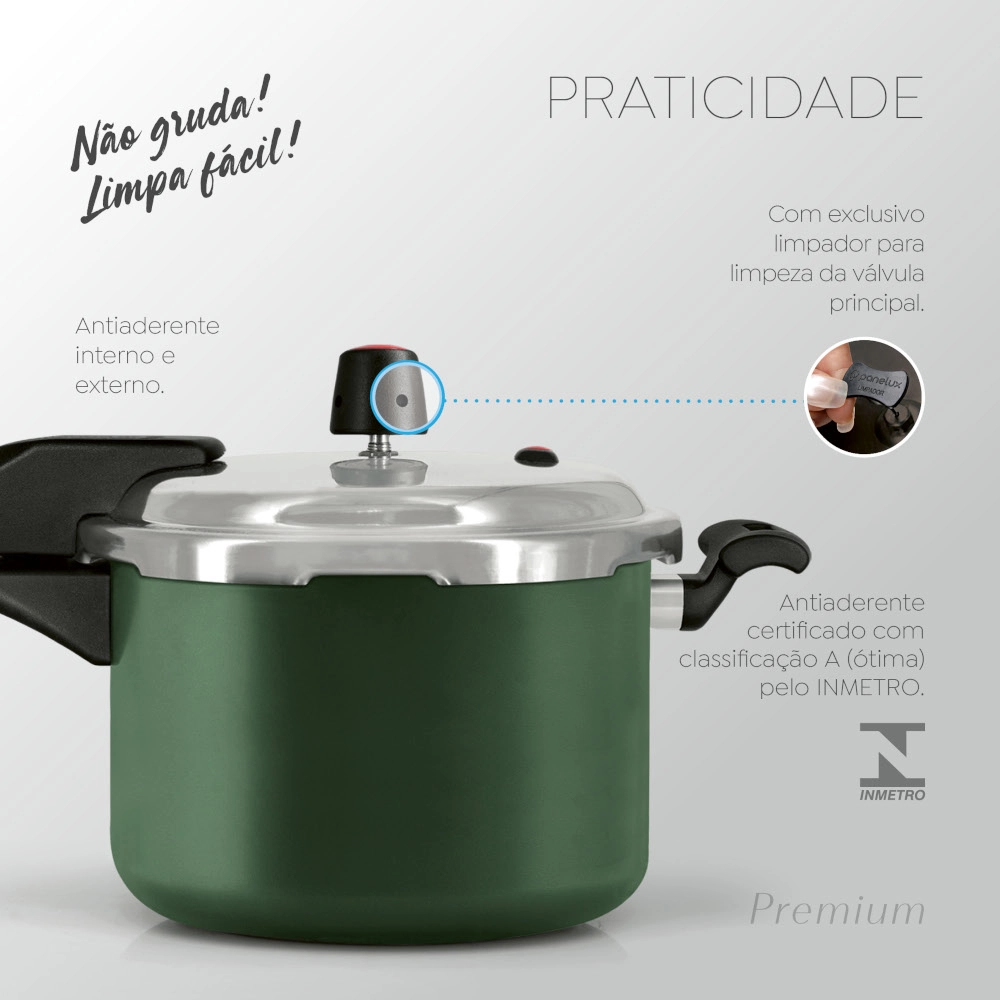 Panela de Pressão Antiaderente Verde Premium 3 Litros Fechamento Externo Panelux